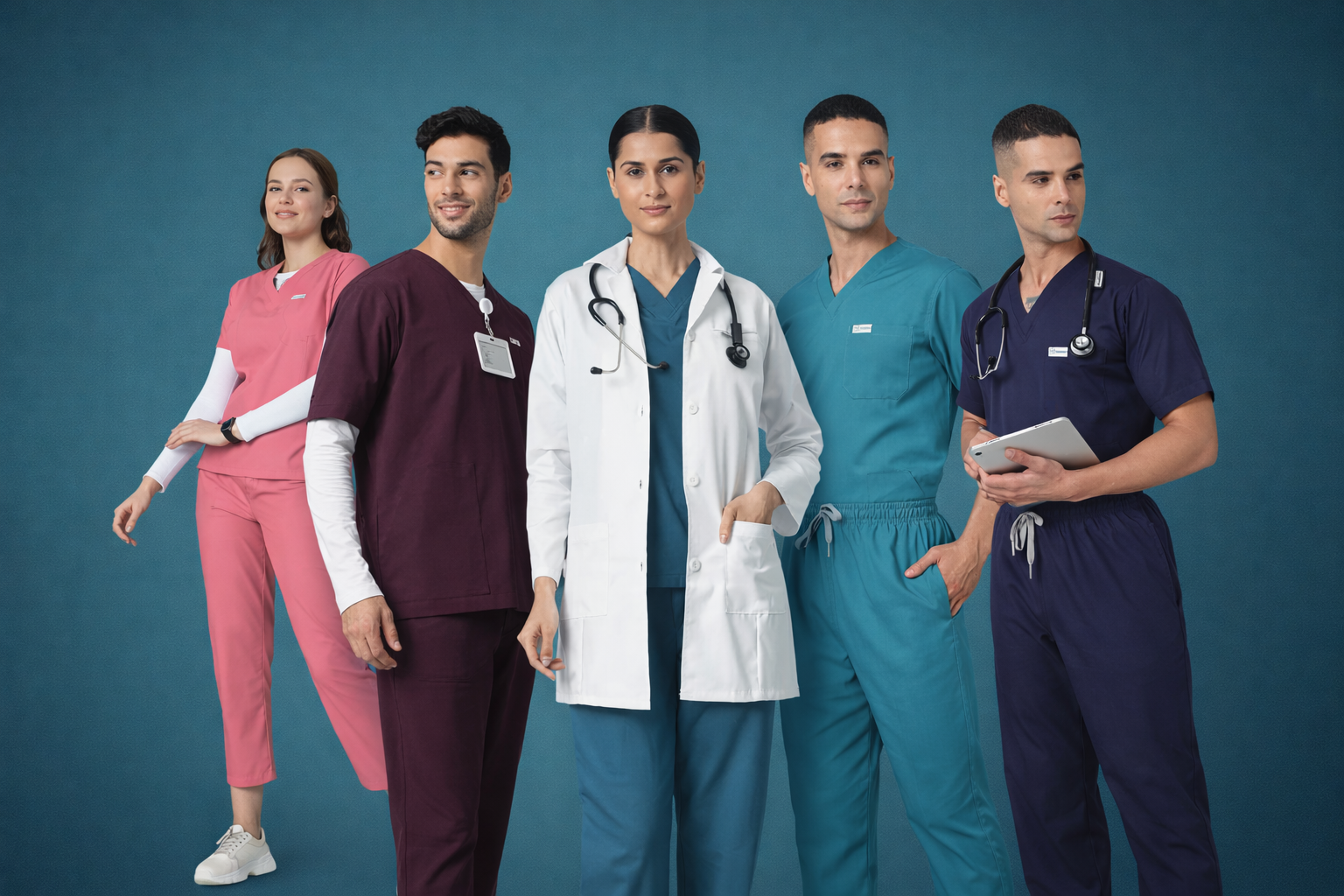 Group of healthcare professionals in various uniforms against a blue background